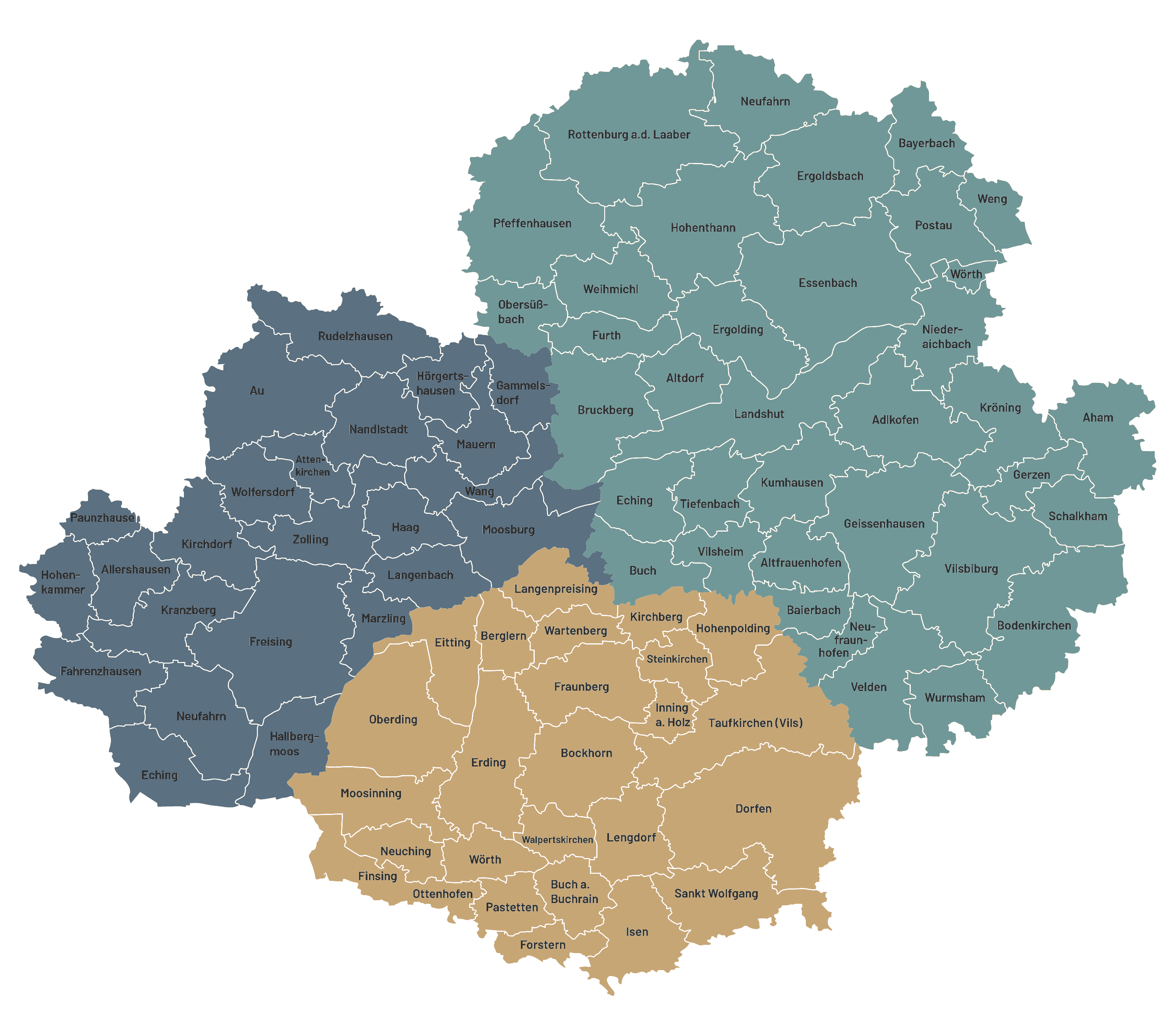 Karte der Landkreise Erding, Freising und Landshut